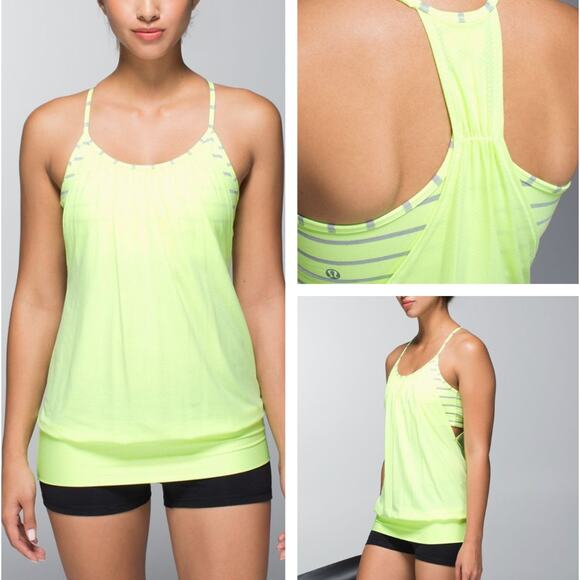 Lululemon No Limits Tank Neon Yellow Shelf Bra Top Striped Activewear Yoga sz 4 - Picture 1 of 6